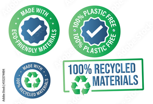 Recycled materials abstract,  vector icon set :100% plastic free, made with 100% recycled materials, Green in color