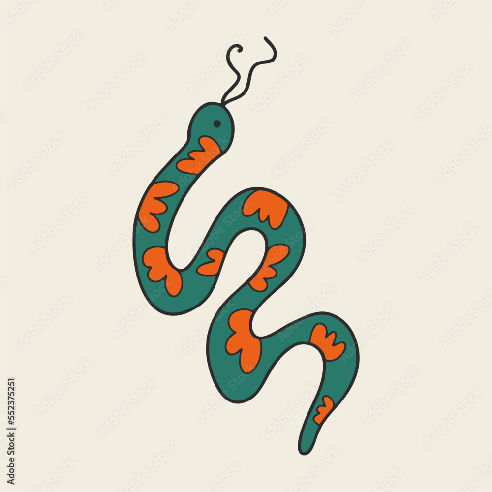 Naklejka premium Vector psychedelic illustration of a snake. Retro clockwork graphic element. Cartoon mystical sticker. Bright boho print.