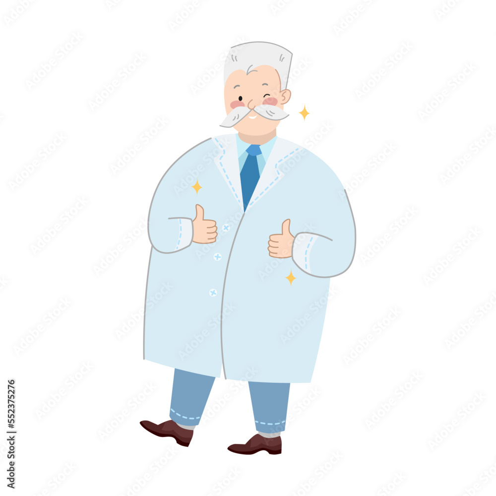 Crazy scientist character showing like thumbs up. Cartoon vector illustration of funny old professor or doctor in uniform. Chemistry concept Crazy scientist character showing like thumbs up. Cartoon vector illustration of funny old professor or doctor in uniform. Chemistry concept