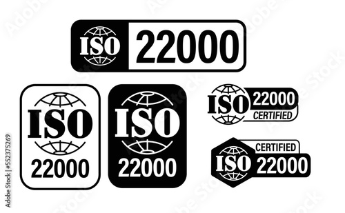 ISO standards quality control. ISO 22000 certified vector icon set, black in color