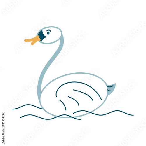 Cartoon white bird swan on waves of lake isolated on white. National culture symbol of Finland. Vector illustration of Finnish traditional. Scandinavia concept