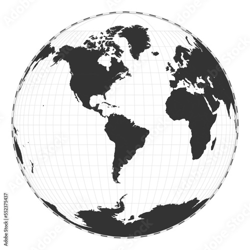 Vector world map in Gilbert's two-world perspective projection. Geographical map with latitude and longitude lines, centered at 60 degrees East longitude.