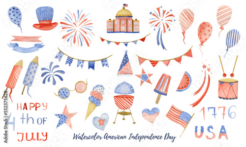 Watercolor usa independence fourth july day flag colors big set of illustrations. High resolution image isolated on a white background for promo designs and craft decorations
