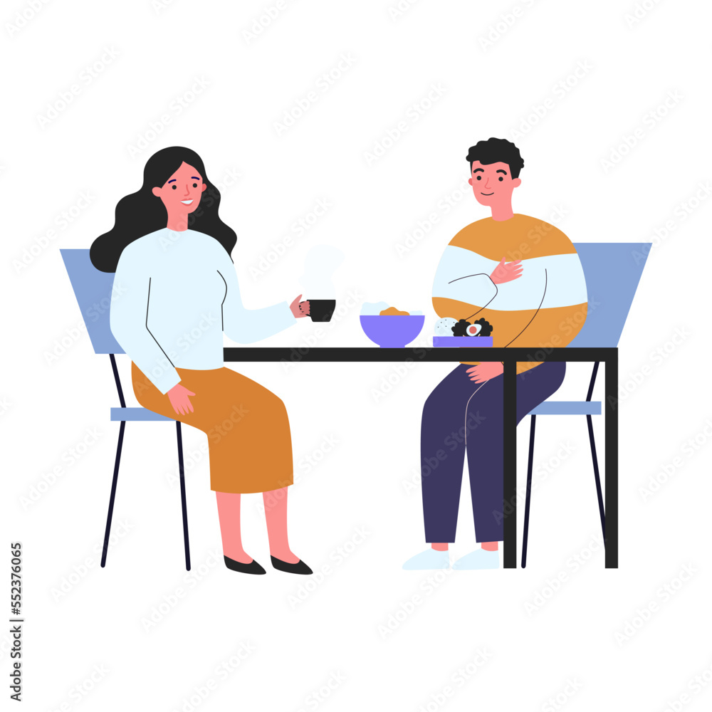 Happy couple having breakfast together. Boyfriend and girlfriend chatting at table in kitchen flat vector illustration. Romance, relationship concept for banner, website design