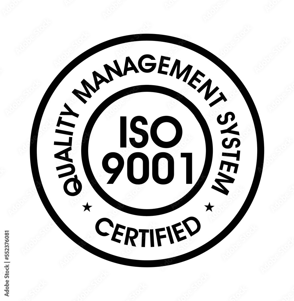 'ISO 9001 CERTIFIED' VECTOR ICON. QUALITY MANAGEMENT SYSTEM ABSTRACT 