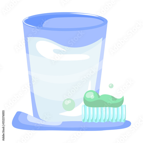 Glass cup with water for rinsing the mouth and a toothbrush, cartoon illustration. Poster with step by step scheme of proper oral cleaning with toothpaste on toothbrush