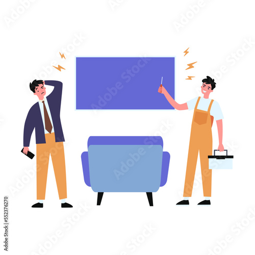 Happy handyman repairing television monitor. Home, screwdriver, repairman flat vector illustration. Service and maintenance concept for banner, website design or landing web page