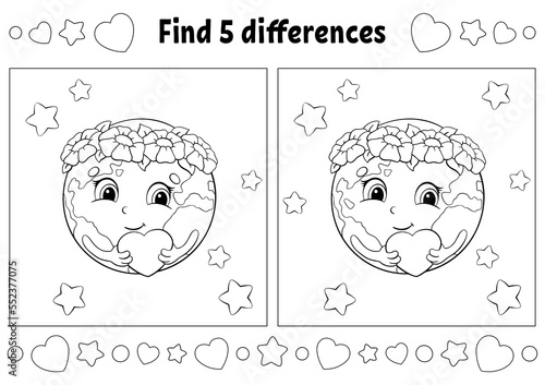 Find five differences. Coloring page for kids. Activity worksheet for children. Vector illustration isolated on white background.