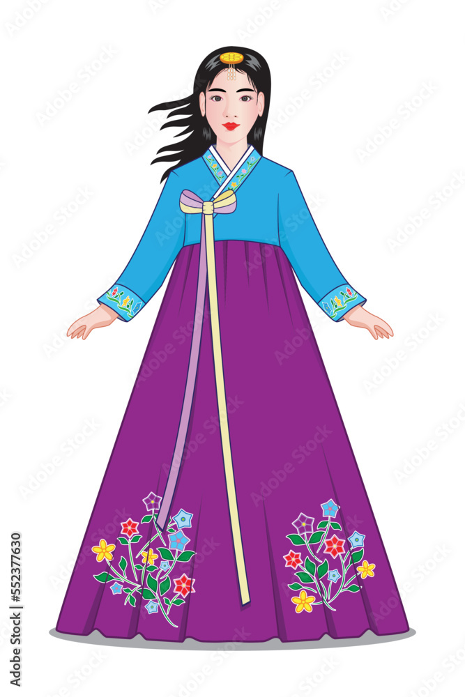 Cute Korean lady or teen costume in traditional dress called Hanbok or Korean clothing drawing in cartoon vector