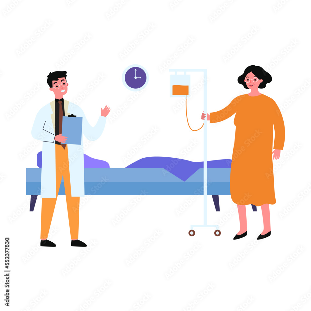 Young doctor and old woman in hospital. Flat vector illustration. Medical worker visiting patient, giving recommendations, doing medical inspection. Medical help, health concept Young doctor and old woman in hospital. Flat vector illustration. Medical worker visiting patient, giving recommendations, doing medical inspection. Medical help, health concept