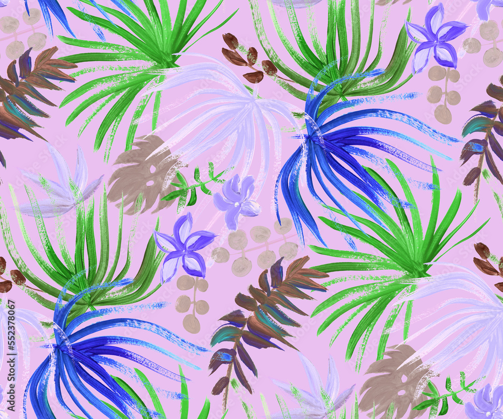 modern bright seamless pattern with tropical palm leaves and colorful dried flowers for fashion textiles and surface design