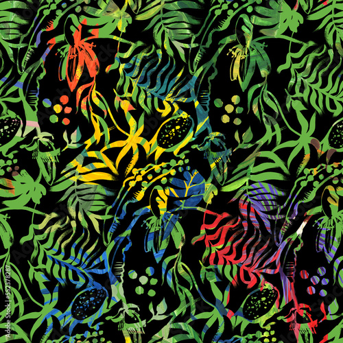 Seamless bright pattern with silhouettes of tropical leaves and fruits painted with gouache in drybrush technique for summer textiles on a black background. Mix of colorful silhouettes