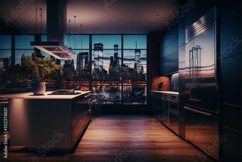 Generative AI illustration of luxury penthouse kitchen at night