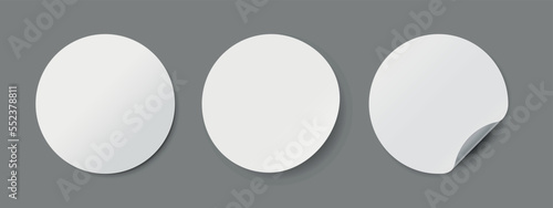 Circle adhesive sticker symbols. White tags, round paper stickers with peeling corner with shadow isolated rounded plastic mockup, realistic set round paper adhesive sticker mockup with curved corner