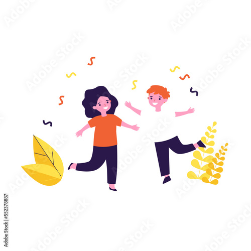 Adorable cartoon children dancing. Girl and boy having fun flat vector illustration. Entertainment, performance, music concept for banner