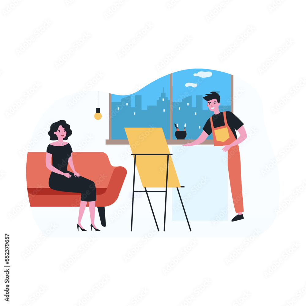 Professional artist preparing for painting portrait of woman. Man holding canvas behind easel, model on sofa in workshop flat vector illustration. Art, occupation concept