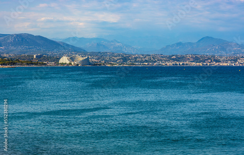 Panoramic view of French Rivera coastline at Antibes resort city harbor onshore Azure Cost of Mediterranean Sea in France