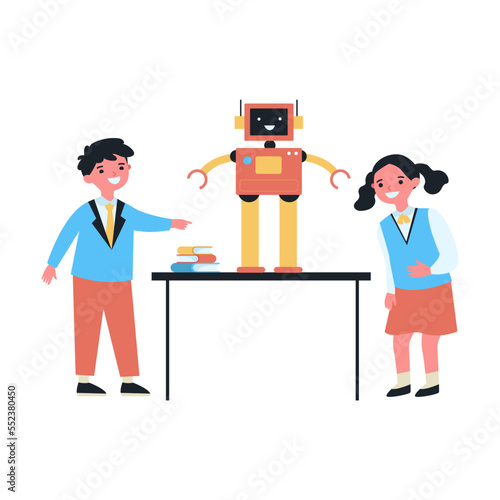 Children learning robotics in classroom. Flat vector illustration. Teacher pointing to blackboard, kids studying robot standing on school desk. Robotics, school, modern technology
