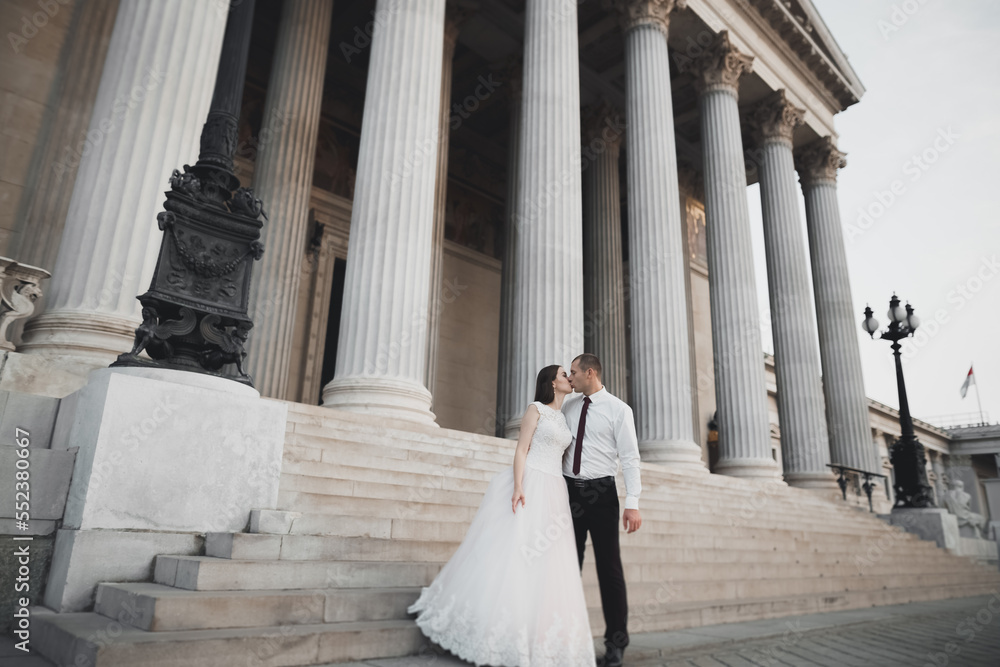 Luxury married wedding couple, bride and groom posing in luxury city