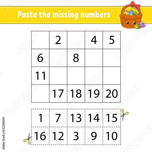 Paste the missing numbers 1-20. Game for children. Handwriting practice. Learning numbers for kids. Education developing worksheet. Activity page. Isolated vector illustration in cute cartoon style.