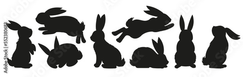 Various silhouettes bunnies, hares. Rabbit sits, sleeps and jumps. Vector illustration isolated on white.