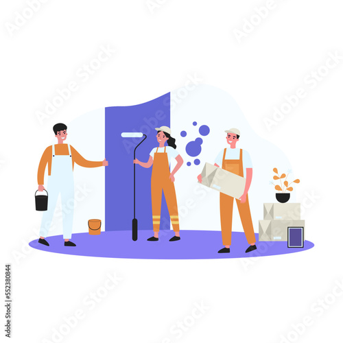 Professional repairmen repairing apartment. Wall, uniform, painting flat vector illustration. Renovation and repair service concept for banner, website design or landing web page