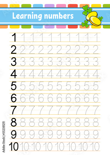 Trace and write numbers. Handwriting practice. Learning numbers for kids. Education developing worksheet. Activity page. Vector illustration.