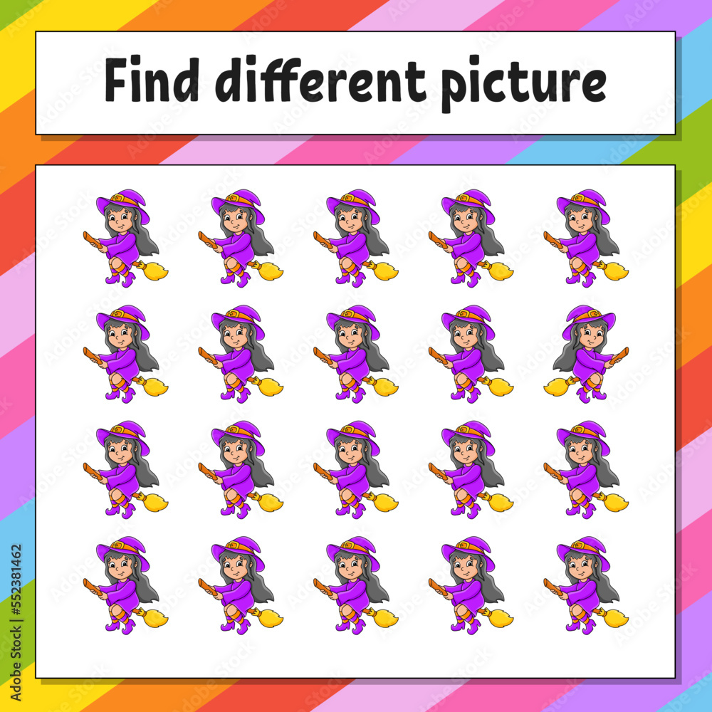 Find different picture. Educational activity worksheet for kids and toddlers. Game for children. Vector illustration.