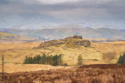 Digital painting of bleak winter panoramic view of Baldstone  and Gib Torr in the Peak District National Park.