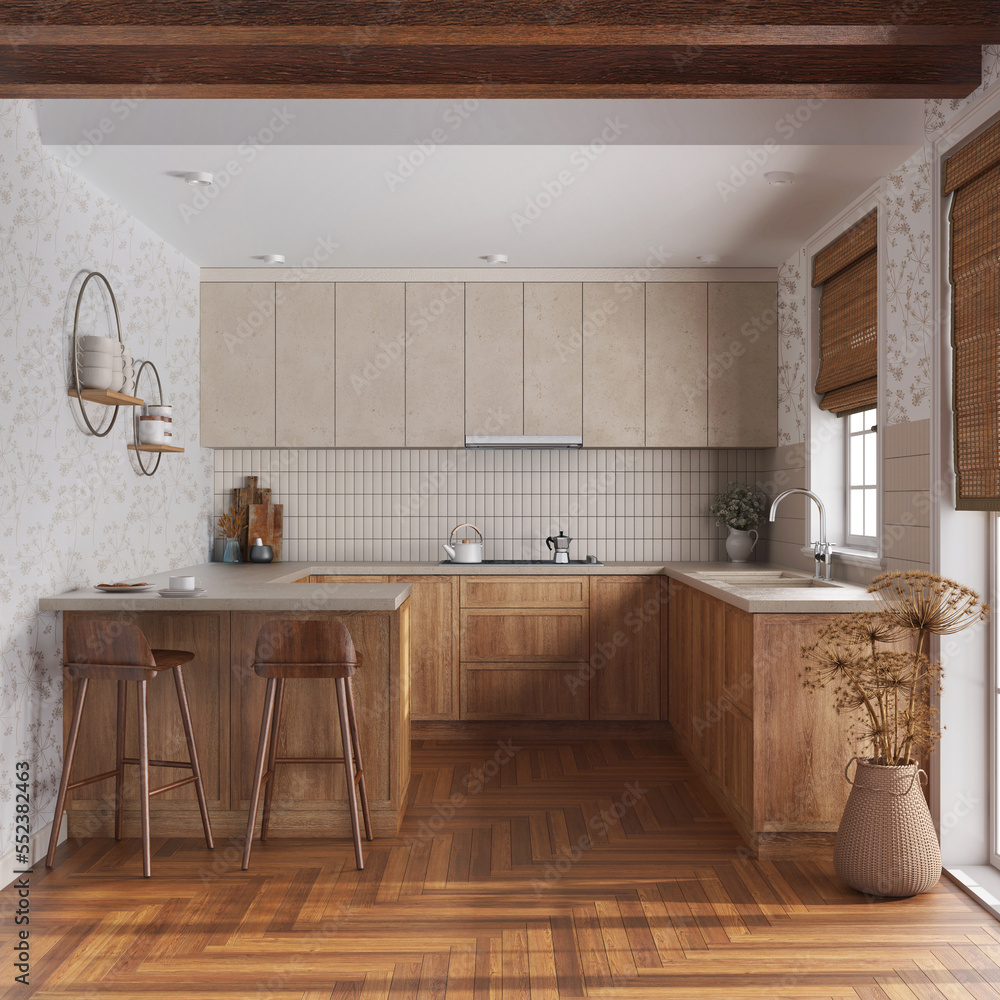 Farmhouse kitchen in white and beige tones. Wooden cabinets, island ...