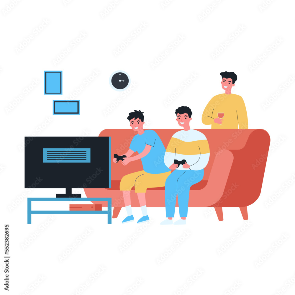 Group of male friends relaxing together in front of TV. Flat vector illustration. Men drinking wine, sitting on couch, playing console. Home, party, leisure, friendship concept Group of male friends relaxing together in front of TV. Flat vector illustration. Men drinking wine, sitting on couch, playing console. Home, party, leisure, friendship concept