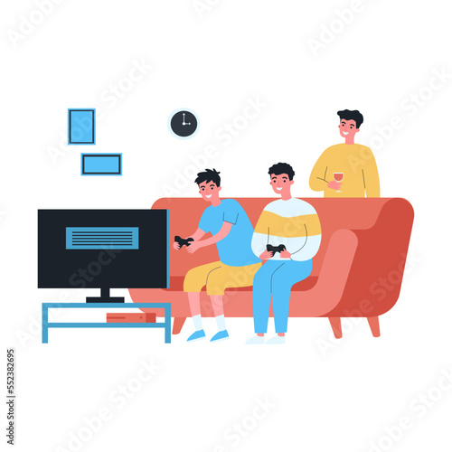 Group of male friends relaxing together in front of TV. Flat vector illustration. Men drinking wine, sitting on couch, playing console. Home, party, leisure, friendship concept