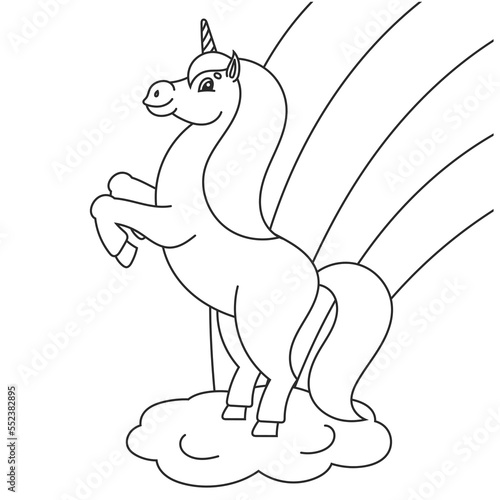 Coloring book for kids. The magical unicorn reared up. The animal horse stands on its hind legs. Cartoon style. Simple flat vector illustration.