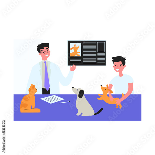 Veterinarian giving boy information about pets. Male doctor, child holding dog, animals on table flat vector illustration. Vet clinic, pets concept for banner, website design © Bro Vector