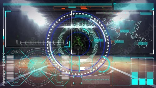 Wallpaper Mural Animation of round scanner and interface with data processing against empty basketball court Torontodigital.ca