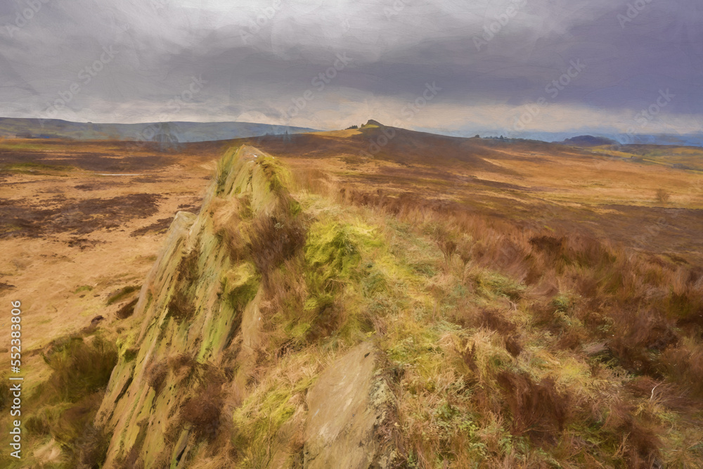 Digital painting of bleak winter panoramic view of Baldstone, and Gib Torr in the Peak District National Park. Digital painting of bleak winter panoramic view of Baldstone, and Gib Torr in the Peak District National Park.