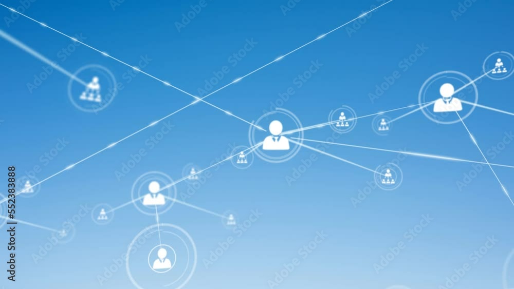 Animation of network of connections with people icons over blue sky Animation of network of connections with people icons over blue sky
