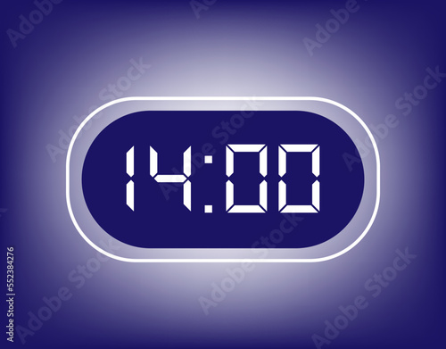 14:00 Hours alarm design. Icon of alarm clock setting appointment time. Clock with digital numbers on blue gradient background