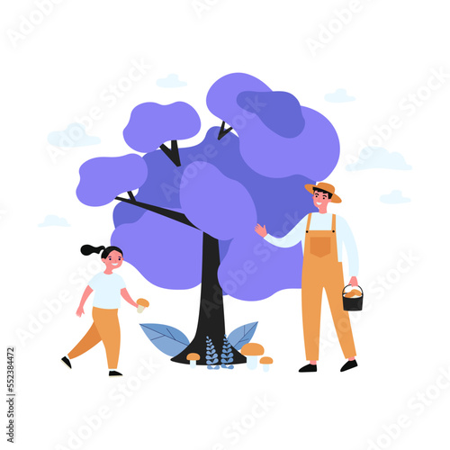 Happy man and girl collecting mushrooms. Forest, flora, food flat vector illustration. Outdoor activity and nature concept for banner, website design or landing web page