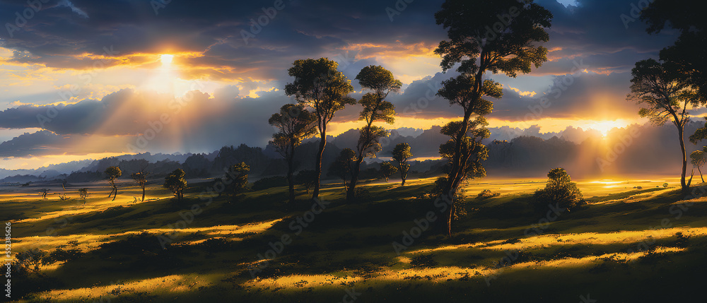 Fototapeta premium Beautiful landscape of plain and meadow. Sensitive and dreamy design, background illustration.