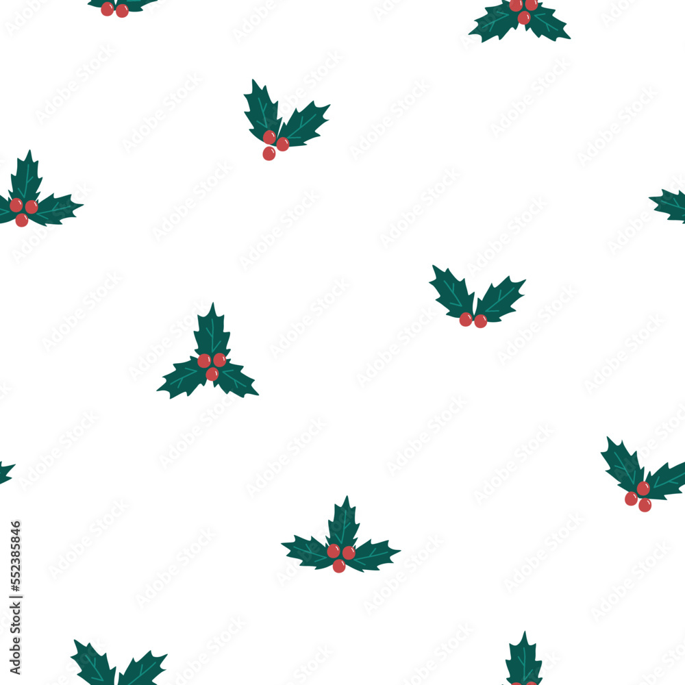 Hand drawn cute winter seamless pattern with holly. Flat vector Christmas and New Year print design in doodle style. Repeated background, wrapping or wallpaper. Hand drawn cute winter seamless pattern with holly. Flat vector Christmas and New Year print design in doodle style. Repeated background, wrapping or wallpaper.