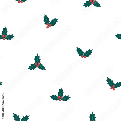 Hand drawn cute winter seamless pattern with holly. Flat vector Christmas and New Year print design in doodle style. Repeated background, wrapping or wallpaper.