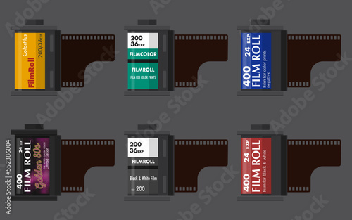 set of retro vector, film roll, set of vintage Camera photo film container, Camera vintage film roll cartridge icon isolated on color background. 35mm film canister. Filmstrip photographer equipment.	