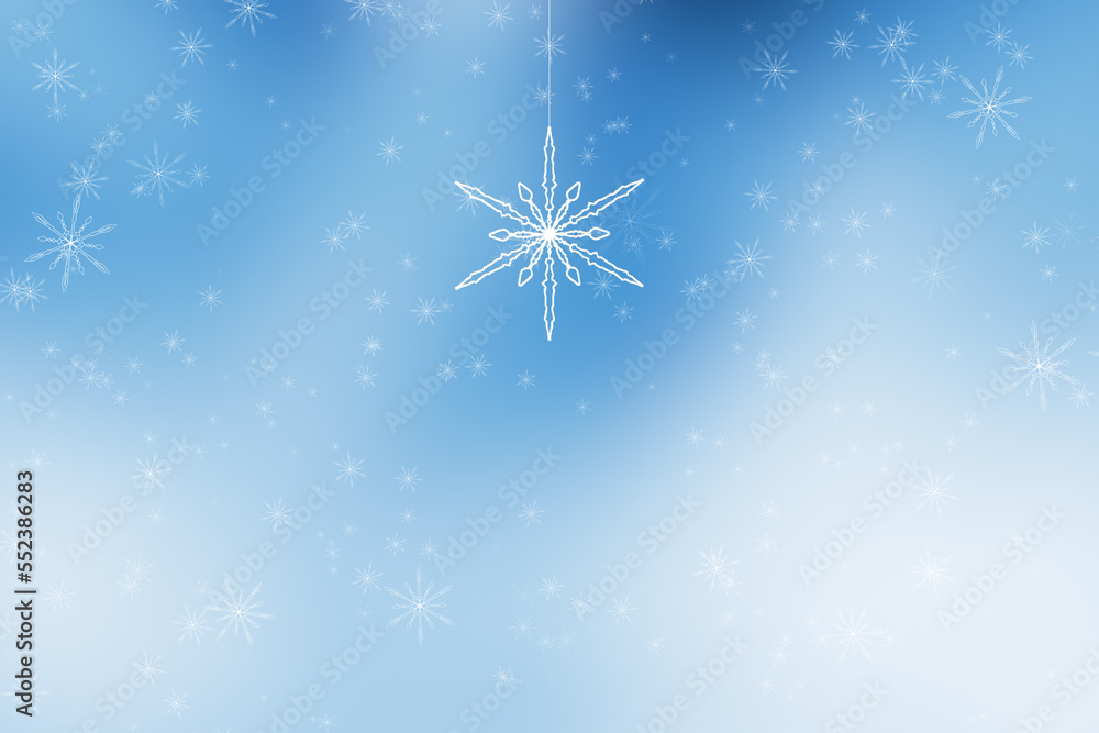 3d snowflake swinging on a string with artistic snowfall copy space background. Concept Christmas and New Year greeting card illustration. 3d snowflake swinging on a string with artistic snowfall copy space background. Concept Christmas and New Year greeting card illustration.