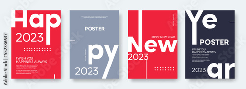 Happy New Year 2023 poster. Set colorful design template with 2023 typography logo for celebration. Trendy flyer layout. Vector template