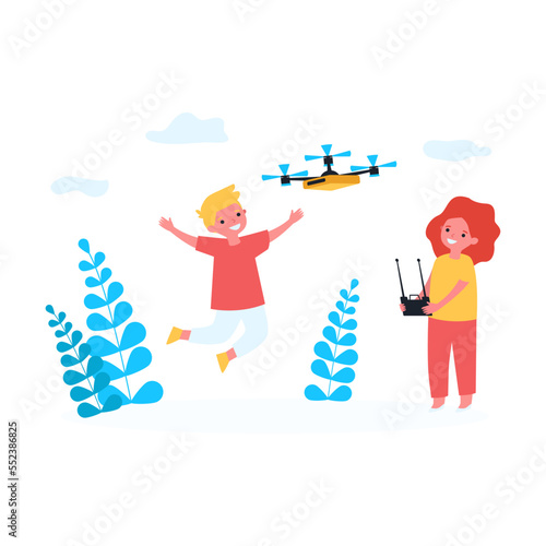 Children flying drone outside. Girl controlling drone with remote, boys running and jumping flat vector illustration. Technology, entertainment concept for banner, website design