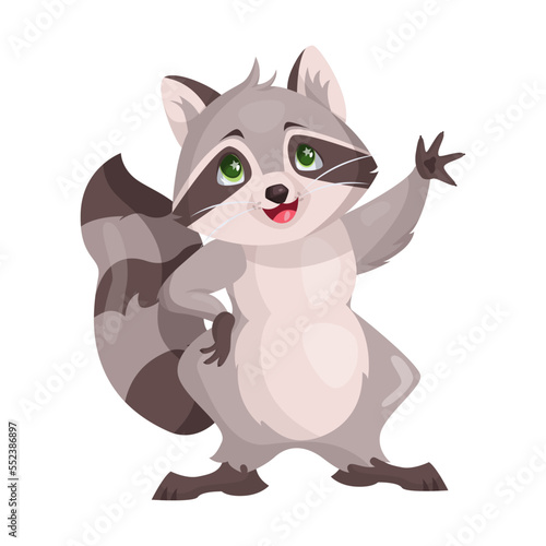 Cute raccoon character graciously waving his paw. Vector illustration of small wild forest animal isolated on white. Woodland, nature, mascot concept