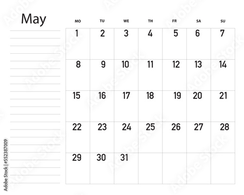 Simple calendar planner 2023 grid for May with lettering month name. 