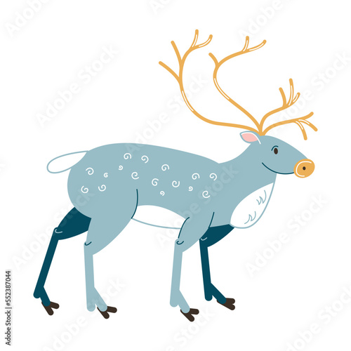 Cartoon reindeer with big antlers isolated on white. National culture symbol of Finland. Vector illustration of Finnish traditional. Scandinavia concept