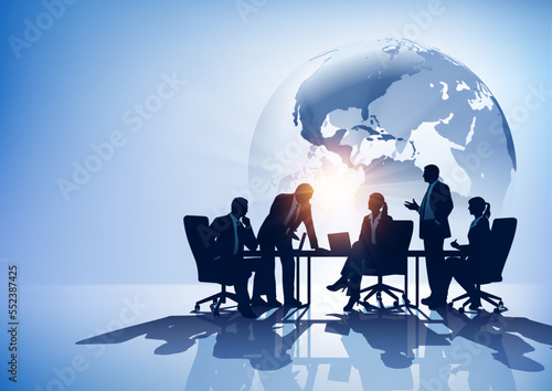 Business group on the background of the globe. Vector concept business illustration.